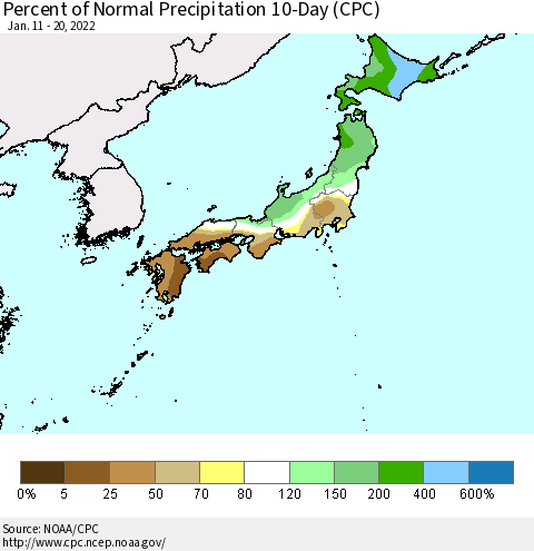 Japan Percent of Normal Precipitation 10-Day (CPC) Thematic Map For 1/11/2022 - 1/20/2022