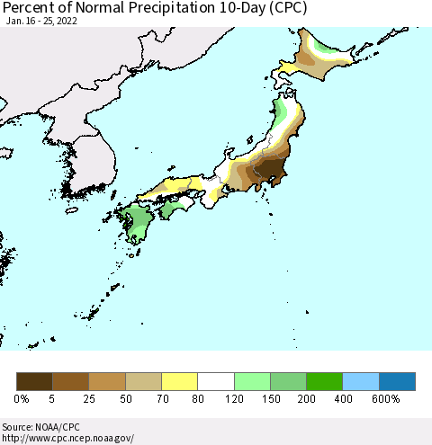 Japan Percent of Normal Precipitation 10-Day (CPC) Thematic Map For 1/16/2022 - 1/25/2022