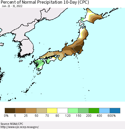 Japan Percent of Normal Precipitation 10-Day (CPC) Thematic Map For 1/21/2022 - 1/31/2022