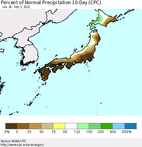 Japan Percent of Normal Precipitation 10-Day (CPC) Thematic Map For 1/26/2022 - 2/5/2022
