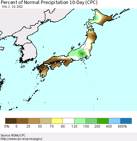 Japan Percent of Normal Precipitation 10-Day (CPC) Thematic Map For 2/1/2022 - 2/10/2022