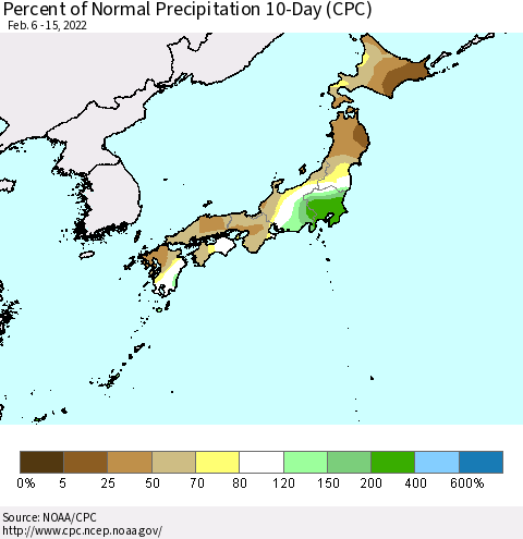 Japan Percent of Normal Precipitation 10-Day (CPC) Thematic Map For 2/6/2022 - 2/15/2022