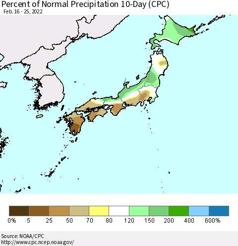 Japan Percent of Normal Precipitation 10-Day (CPC) Thematic Map For 2/16/2022 - 2/25/2022