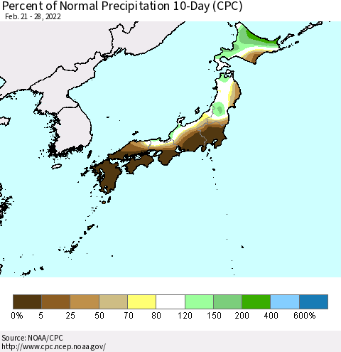 Japan Percent of Normal Precipitation 10-Day (CPC) Thematic Map For 2/21/2022 - 2/28/2022