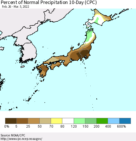 Japan Percent of Normal Precipitation 10-Day (CPC) Thematic Map For 2/26/2022 - 3/5/2022