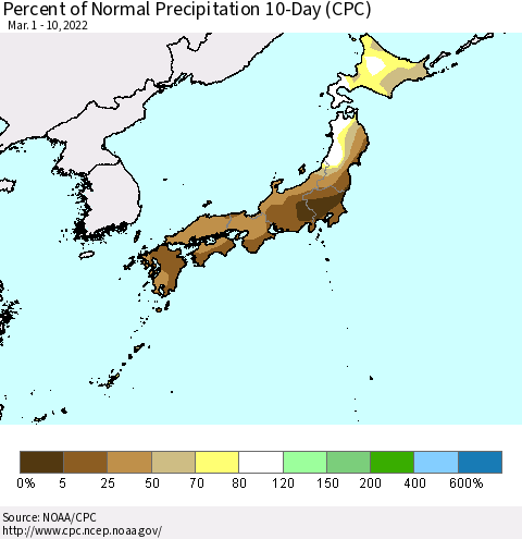 Japan Percent of Normal Precipitation 10-Day (CPC) Thematic Map For 3/1/2022 - 3/10/2022