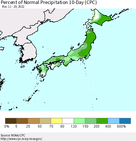 Japan Percent of Normal Precipitation 10-Day (CPC) Thematic Map For 3/11/2022 - 3/20/2022