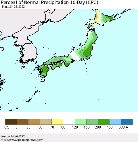 Japan Percent of Normal Precipitation 10-Day (CPC) Thematic Map For 3/16/2022 - 3/25/2022