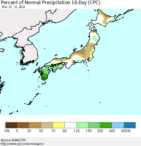 Japan Percent of Normal Precipitation 10-Day (CPC) Thematic Map For 3/21/2022 - 3/31/2022