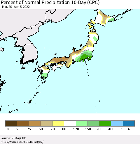 Japan Percent of Normal Precipitation 10-Day (CPC) Thematic Map For 3/26/2022 - 4/5/2022