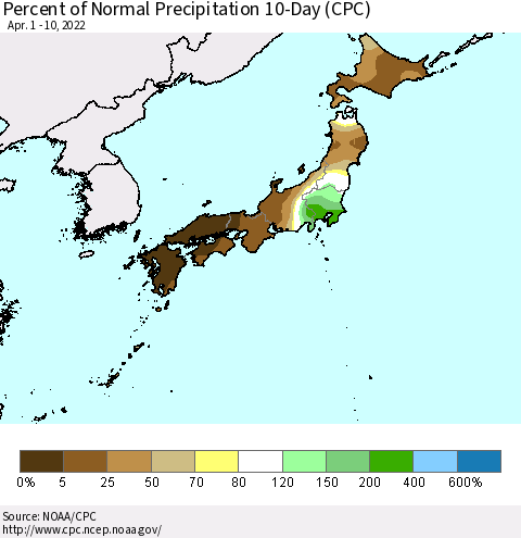 Japan Percent of Normal Precipitation 10-Day (CPC) Thematic Map For 4/1/2022 - 4/10/2022