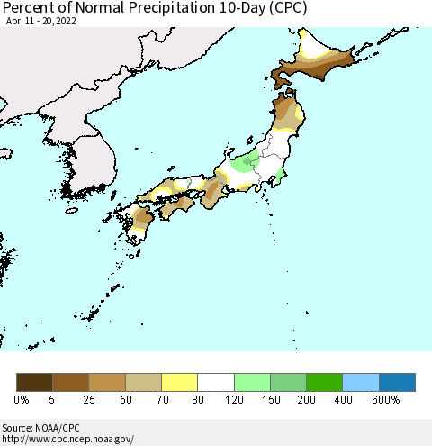 Japan Percent of Normal Precipitation 10-Day (CPC) Thematic Map For 4/11/2022 - 4/20/2022