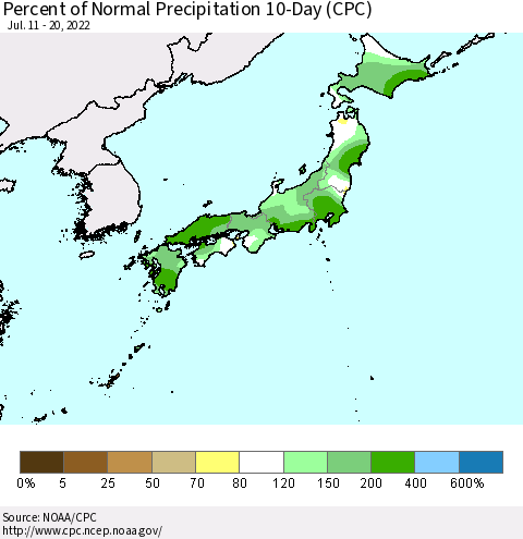 Japan Percent of Normal Precipitation 10-Day (CPC) Thematic Map For 7/11/2022 - 7/20/2022