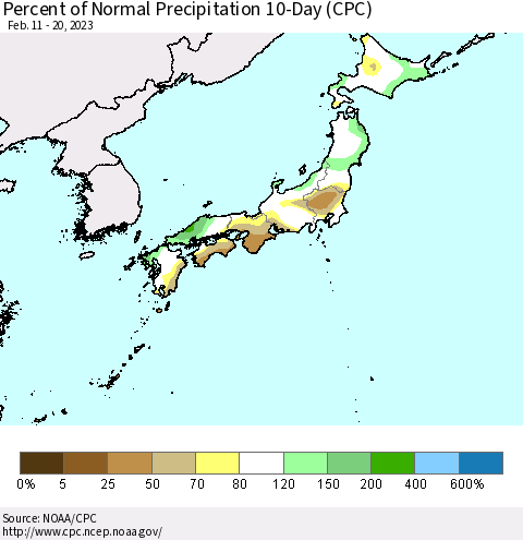 Japan Percent of Normal Precipitation 10-Day (CPC) Thematic Map For 2/11/2023 - 2/20/2023