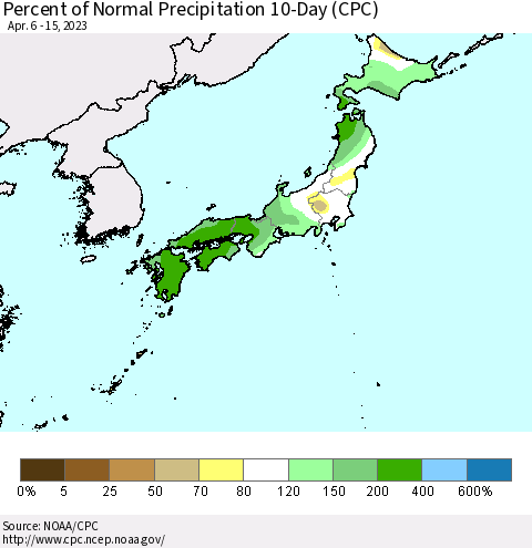 Japan Percent of Normal Precipitation 10-Day (CPC) Thematic Map For 4/6/2023 - 4/15/2023