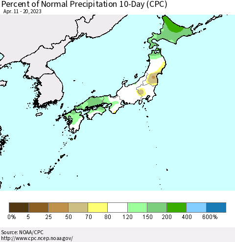 Japan Percent of Normal Precipitation 10-Day (CPC) Thematic Map For 4/11/2023 - 4/20/2023