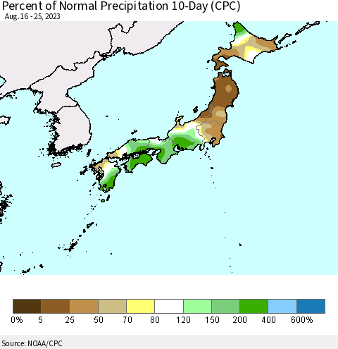 Japan Percent of Normal Precipitation 10-Day (CPC) Thematic Map For 8/16/2023 - 8/25/2023
