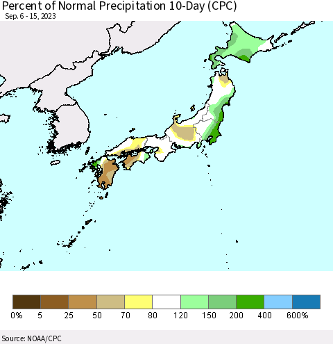 Japan Percent of Normal Precipitation 10-Day (CPC) Thematic Map For 9/6/2023 - 9/15/2023
