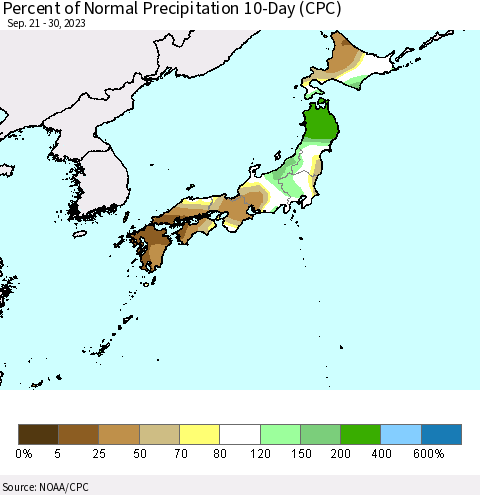 Japan Percent of Normal Precipitation 10-Day (CPC) Thematic Map For 9/21/2023 - 9/30/2023