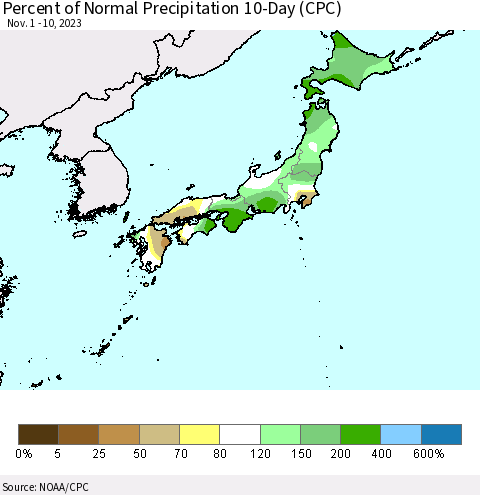 Japan Percent of Normal Precipitation 10-Day (CPC) Thematic Map For 11/1/2023 - 11/10/2023
