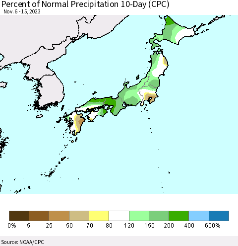 Japan Percent of Normal Precipitation 10-Day (CPC) Thematic Map For 11/6/2023 - 11/15/2023