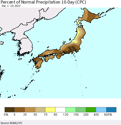 Japan Percent of Normal Precipitation 10-Day (CPC) Thematic Map For 12/1/2023 - 12/10/2023
