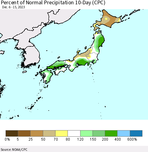Japan Percent of Normal Precipitation 10-Day (CPC) Thematic Map For 12/6/2023 - 12/15/2023