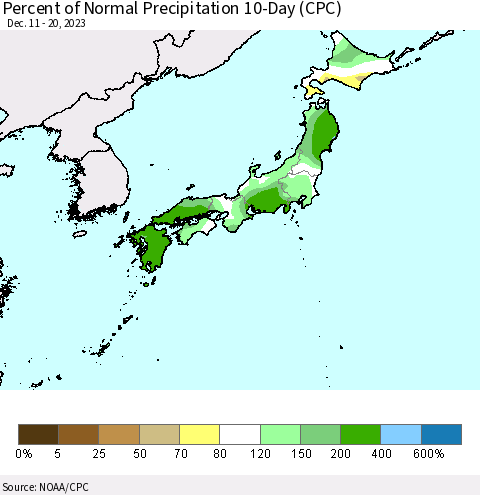 Japan Percent of Normal Precipitation 10-Day (CPC) Thematic Map For 12/11/2023 - 12/20/2023