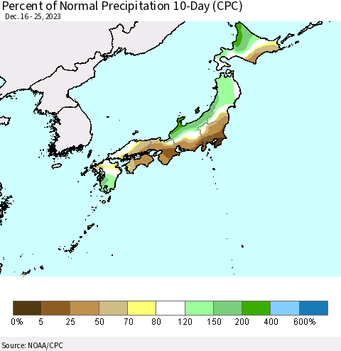 Japan Percent of Normal Precipitation 10-Day (CPC) Thematic Map For 12/16/2023 - 12/25/2023