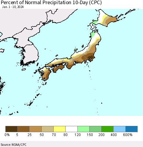 Japan Percent of Normal Precipitation 10-Day (CPC) Thematic Map For 1/1/2024 - 1/10/2024
