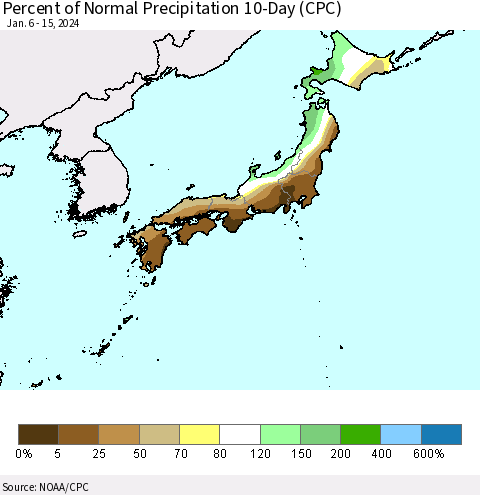 Japan Percent of Normal Precipitation 10-Day (CPC) Thematic Map For 1/6/2024 - 1/15/2024