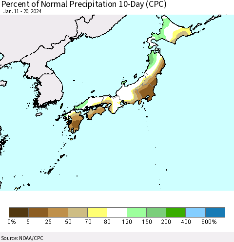 Japan Percent of Normal Precipitation 10-Day (CPC) Thematic Map For 1/11/2024 - 1/20/2024