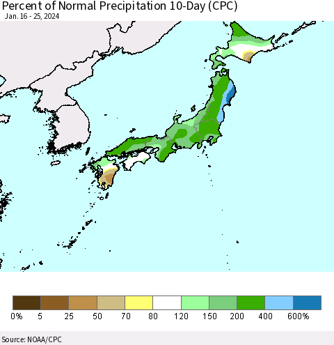 Japan Percent of Normal Precipitation 10-Day (CPC) Thematic Map For 1/16/2024 - 1/25/2024