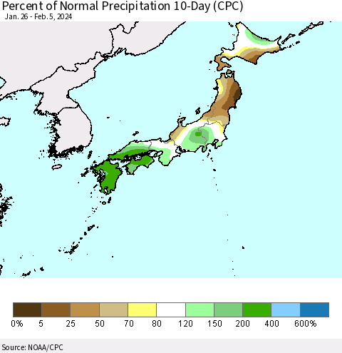 Japan Percent of Normal Precipitation 10-Day (CPC) Thematic Map For 1/26/2024 - 2/5/2024