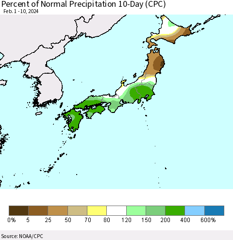 Japan Percent of Normal Precipitation 10-Day (CPC) Thematic Map For 2/1/2024 - 2/10/2024
