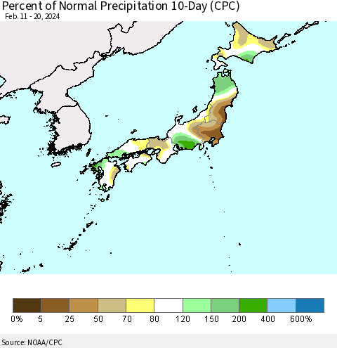 Japan Percent of Normal Precipitation 10-Day (CPC) Thematic Map For 2/11/2024 - 2/20/2024