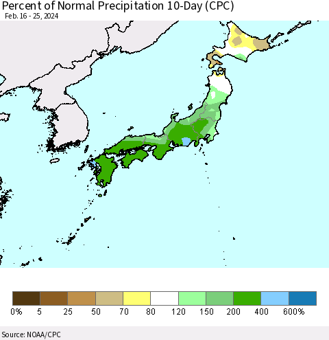 Japan Percent of Normal Precipitation 10-Day (CPC) Thematic Map For 2/16/2024 - 2/25/2024