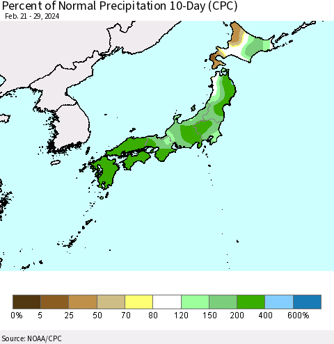 Japan Percent of Normal Precipitation 10-Day (CPC) Thematic Map For 2/21/2024 - 2/29/2024