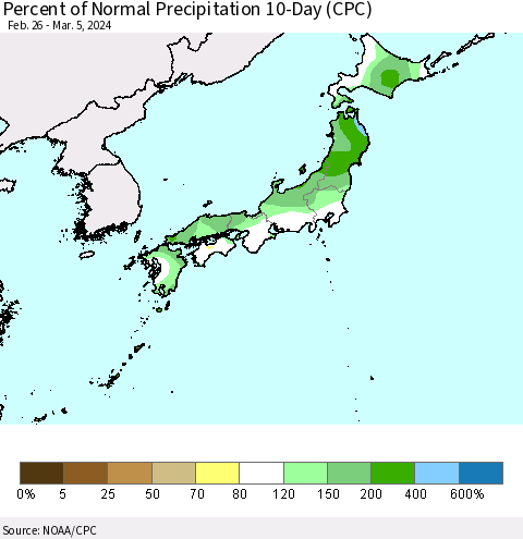 Japan Percent of Normal Precipitation 10-Day (CPC) Thematic Map For 2/26/2024 - 3/5/2024