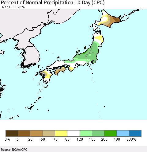 Japan Percent of Normal Precipitation 10-Day (CPC) Thematic Map For 3/1/2024 - 3/10/2024