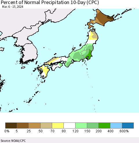 Japan Percent of Normal Precipitation 10-Day (CPC) Thematic Map For 3/6/2024 - 3/15/2024