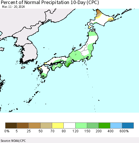 Japan Percent of Normal Precipitation 10-Day (CPC) Thematic Map For 3/11/2024 - 3/20/2024