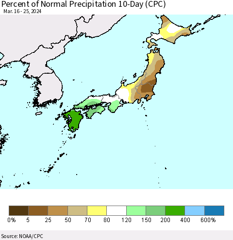 Japan Percent of Normal Precipitation 10-Day (CPC) Thematic Map For 3/16/2024 - 3/25/2024