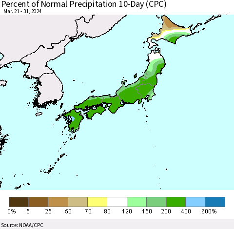 Japan Percent of Normal Precipitation 10-Day (CPC) Thematic Map For 3/21/2024 - 3/31/2024