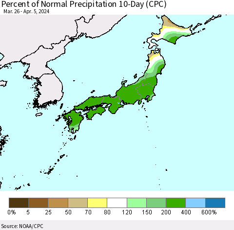 Japan Percent of Normal Precipitation 10-Day (CPC) Thematic Map For 3/26/2024 - 4/5/2024
