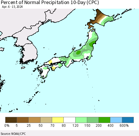Japan Percent of Normal Precipitation 10-Day (CPC) Thematic Map For 4/6/2024 - 4/15/2024
