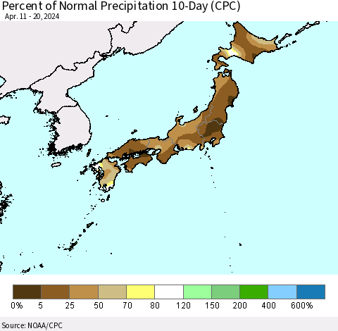 Japan Percent of Normal Precipitation 10-Day (CPC) Thematic Map For 4/11/2024 - 4/20/2024