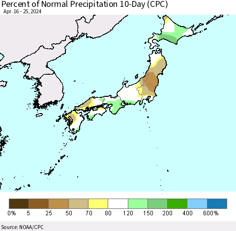 Japan Percent of Normal Precipitation 10-Day (CPC) Thematic Map For 4/16/2024 - 4/25/2024