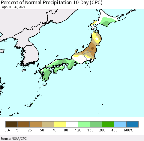 Japan Percent of Normal Precipitation 10-Day (CPC) Thematic Map For 4/21/2024 - 4/30/2024