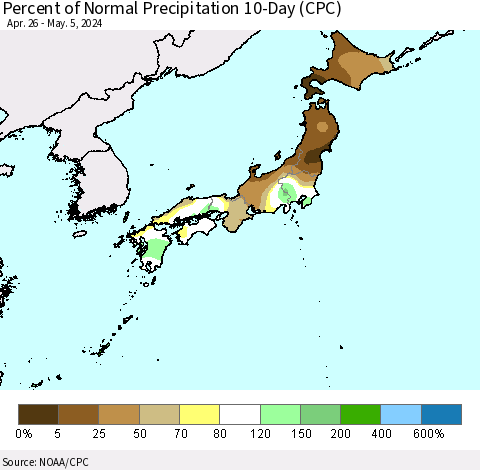 Japan Percent of Normal Precipitation 10-Day (CPC) Thematic Map For 4/26/2024 - 5/5/2024